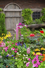 Fototapeta na wymiar Landscaped backyard of a old house with flowering garden