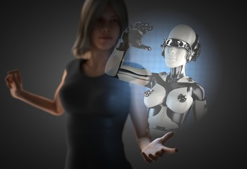 Obraz premium woman and hologram with robot