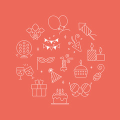 Birthday line icon circle set