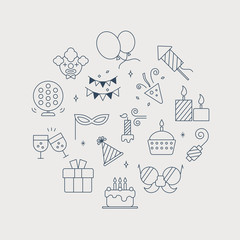 Birthday line icon circle set