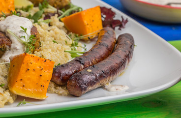 Turkisk sausages with quinoa and roasted pumpkin