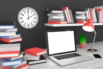 3D illustration laptop and books, Workspace
