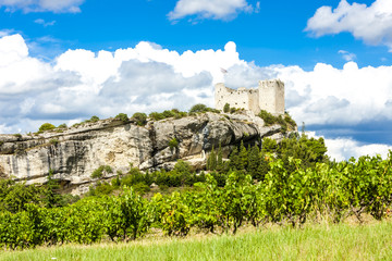 ruins of castle in Vaison-la-Romaine with vineyard, Provence, Fr