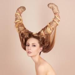 sexy beautiful woman with horns - obrazy, fototapety, plakaty