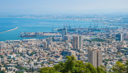 Fototapeta na wymiar Slope of Mount Carmel in Haifa and largest port in Israel
