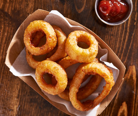 basket of onion rings shot from top overhead view