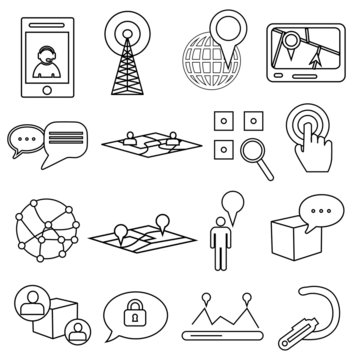 Communication location line icons set