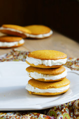 pumpkin whoopie with ricotta cheese cream, selective focus