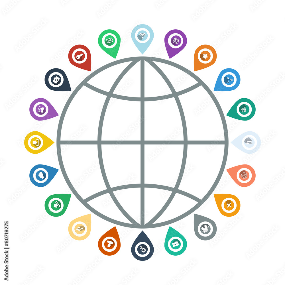 Poster Set of pointers and markers for map with web icons.