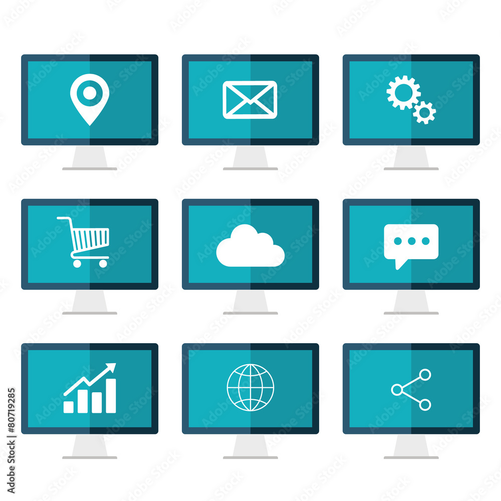 Poster icons set on desktop computer screen.