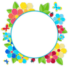Bright frame with flowers, butterflies and ladybug. Round summer