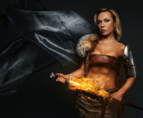 Middle age woman in ancient armor.