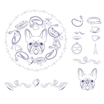 Set of vector accessories for French Bulldog.