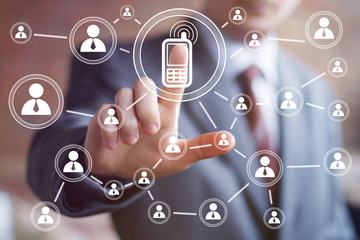Businessman hand press telephone icon web button