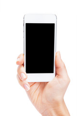 Hand holding White Smartphone with blank screen on white backgro