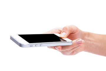 Hand holding White Smartphone with blank screen on white backgro