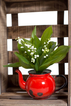 Lilies of the valley in a wooden crate