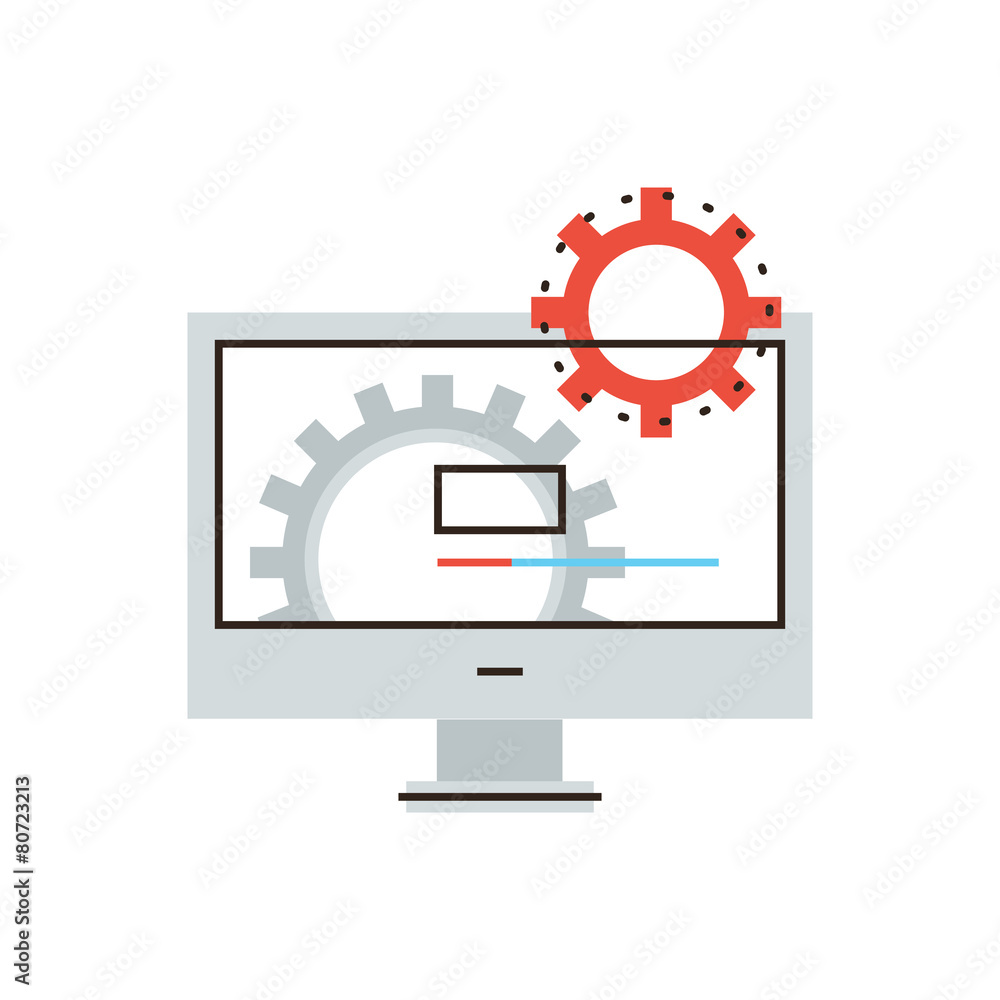 Poster computer installation flat line icon concept