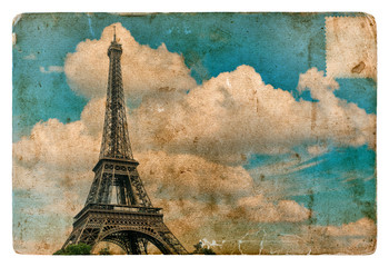 Vintage style postcard from Paris with Eiffel Tower. Grunge text