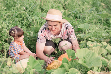 baby and grandmother in garden