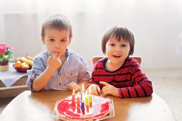 Adorable cute boys, blowing candles on a birthday cake