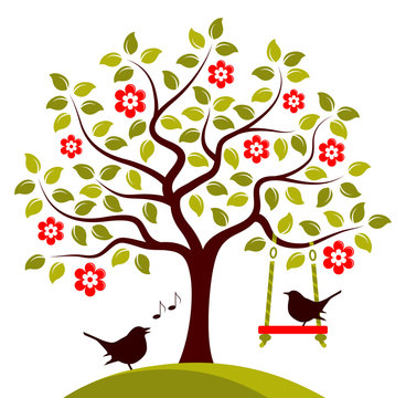 flowering tree and birds