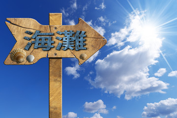 Beach Directional Sign in Chinese Language