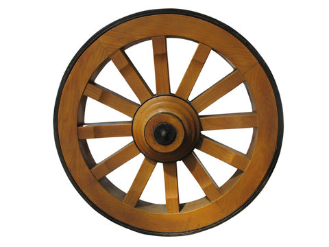 Antique Cart Wheel made of wood and iron-lined, isolated