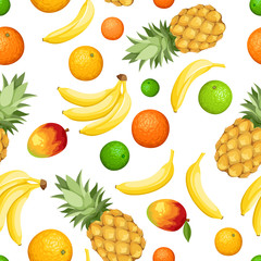 Seamless background with tropical fruits. Vector illustration.