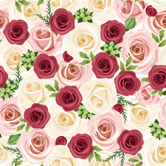 Seamless background with red, pink and white roses. Vector.