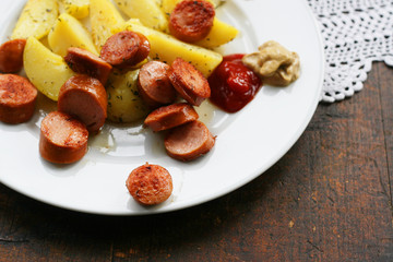 Currywurst, fast food, Gebratene Bockwurst mit Senf und Kartoffeln, rustikal, deftig, deutsche Küche, Imbiss für zwischendurch