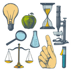 Set of hand drawn science objects. Vector.