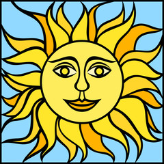 Illustration of sun with smiling face. Vector illustration.