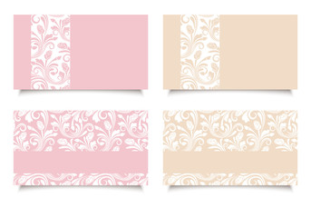 Pink and beige business cards with floral patterns. Vector.
