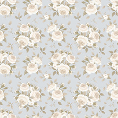 Seamless pattern with roses on blue. Vector illustration.