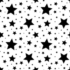 Seamless pattern with black stars on white. Vector illustration. - obrazy, fototapety, plakaty