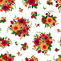 Vector seamless pattern with roses and freesia flowers.