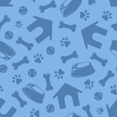 Seamless blue pattern with dogs symbols. Vector illustration.