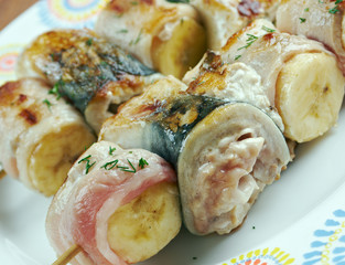 kebabs mackerel, banana and bacon