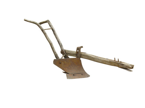 Agricultural old manual plow isolated over white