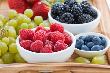 bowl of raspberries, fresh berries and green grapes