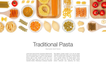 various pasta on white background top view