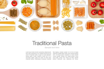 various pasta on white background top view