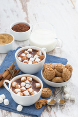 cocoa with marshmallows and almond cookies on wooden table