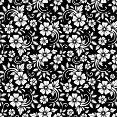 Fototapeta premium Vintage seamless white floral pattern on a black background. 