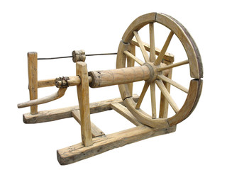 Old wooden spinning-wheel distaff isolated