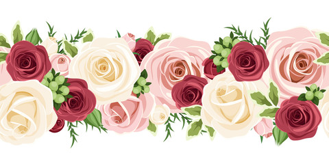 Horizontal seamless background with red, pink and white roses. 