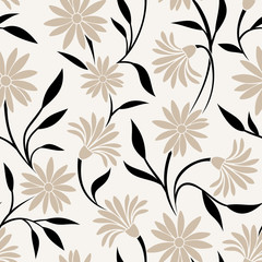 Seamless pattern with beige flowers and black leaves. Vector 