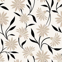Papier peint Beige Modèle sans couture avec fleurs beiges et feuilles noires. Vecteur