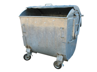 Old metal garbage trash container isolated on white